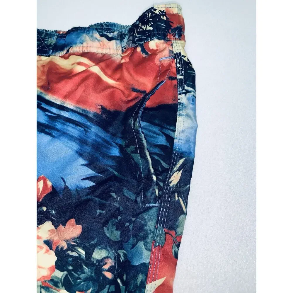 Merona Mens L Blue Orange Beach Aloha Floral Board Shorts Swim Trunks Drawstring